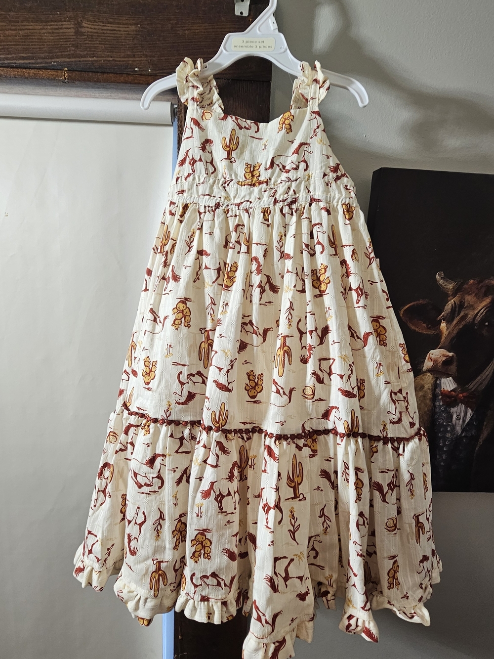 Cream Western Print Ruffle-Tiered Sundress for Girls